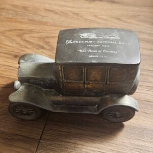 Vintage Banthrico Freeport National Bank Texas Model T Car Coin Bank 3x6" Metal